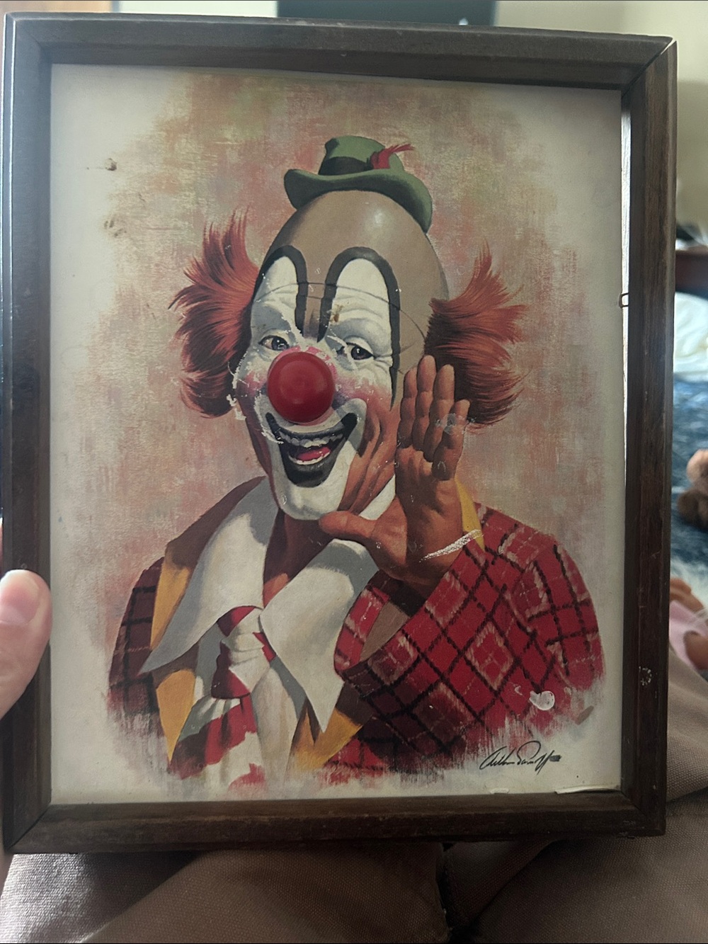 VintageFramed Clown Portrait  music box Wall Art in Red and White works!